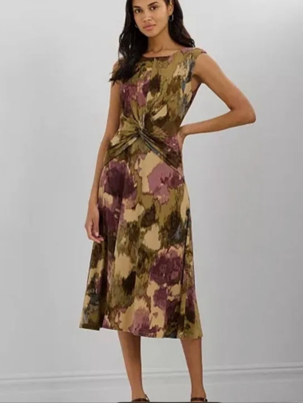 NWT Lauren Ralph Lauren Olive, Mauve & Cream Knot-Front Midi Dress